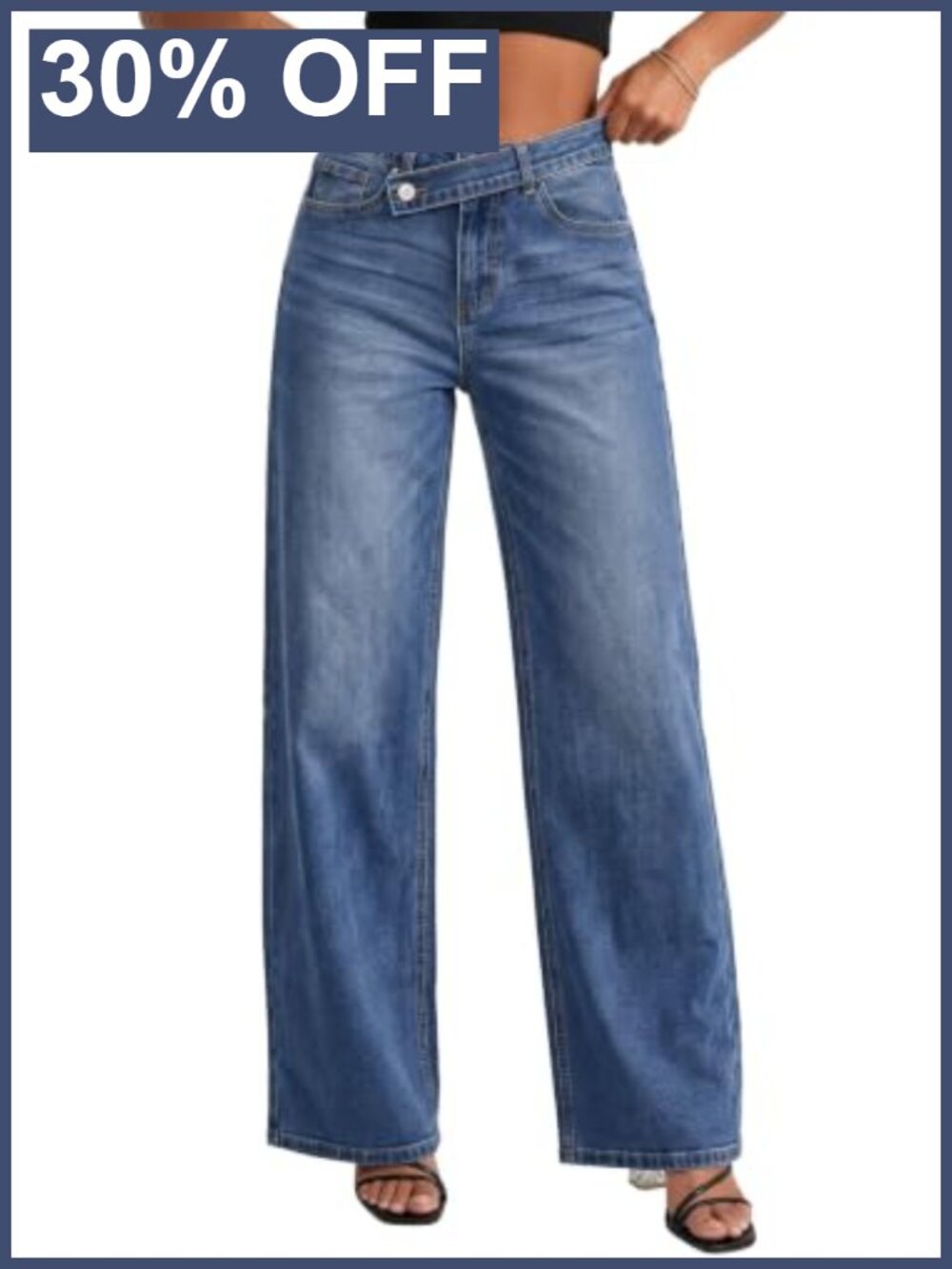 Women's High Rise Wide Leg Stretchy Jeans Overlap Waist Straight Denim Pants